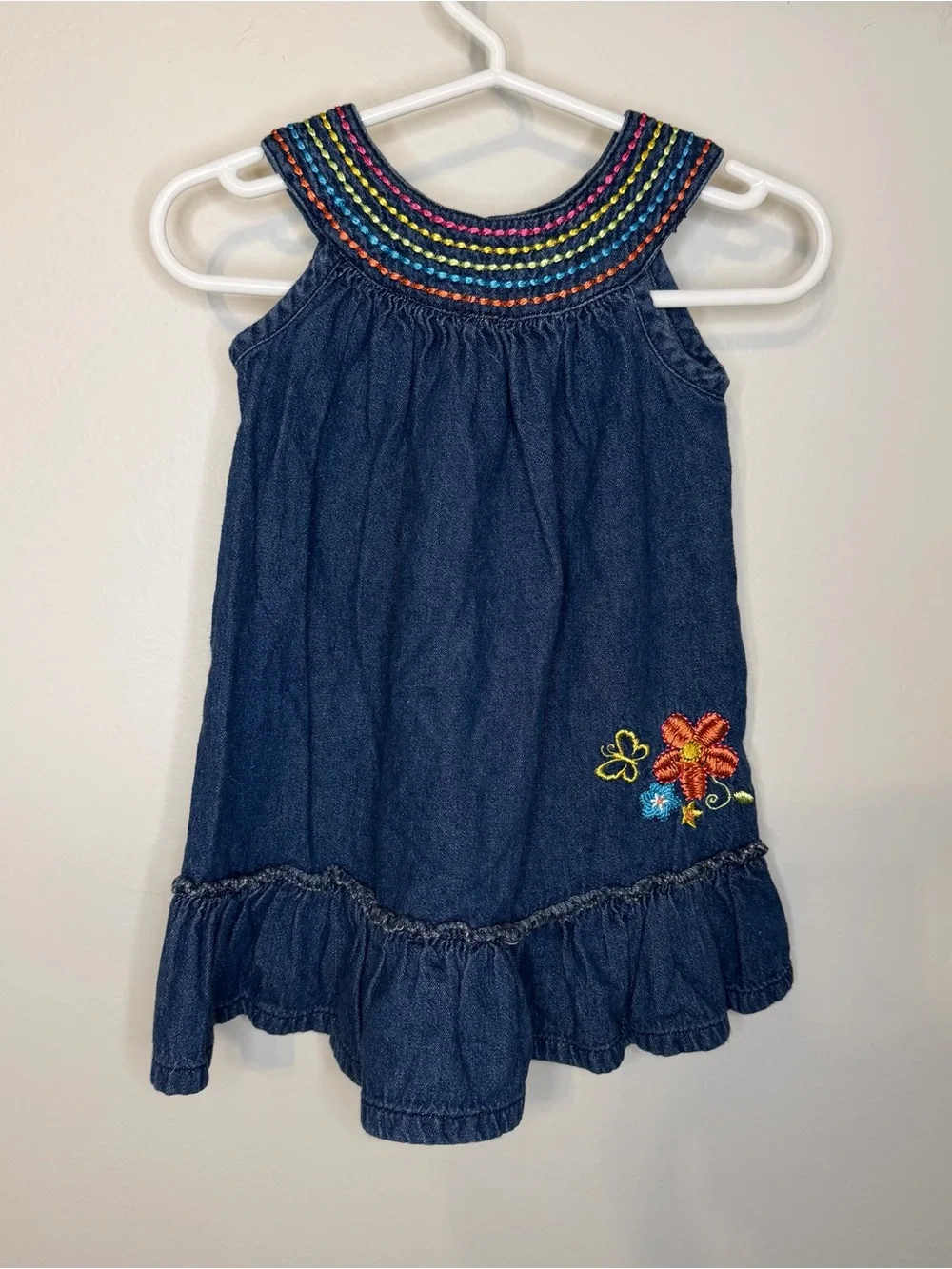 Vintage Y2K Okie Dokie Baby Girls Denim Chambray Embroidered Dress 18 Months